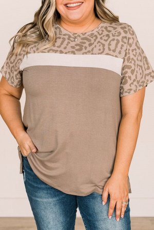 Бежевая футболка плюс сайз с леопардовым принтом в стиле колорблок