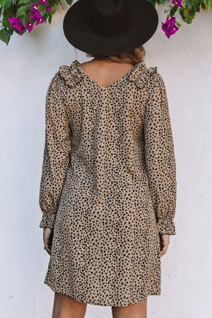 Леопардовое платье мини с длинным рукавом и V-образным вырезом