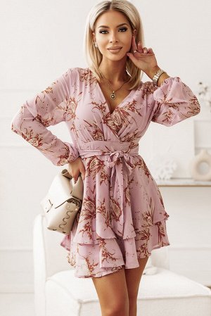 Нежно-розовое двухслойное платье с V-образным вырезом и рюшами с цветочным принтом