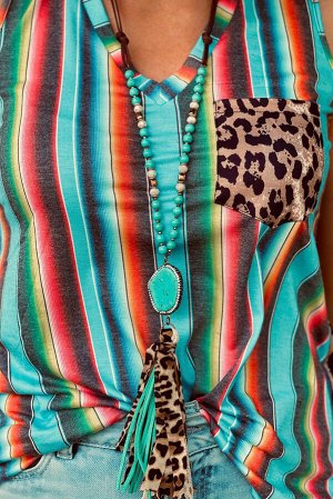 Бирюзовый полосатый топ с леопардовым принтом и нагрудным карманом