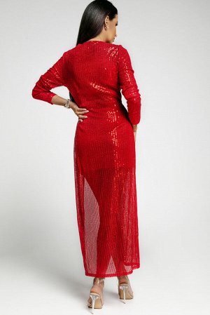 Красное блестящее платье миди с длинным рукавом