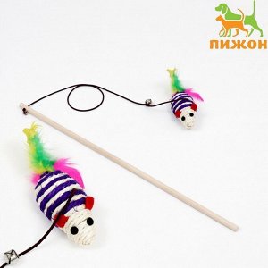 Дразнилка с мышкой (7 см) на деревянной палочке, 40 см, синяя/белая