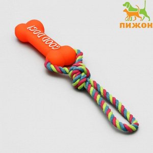 Игрушка резиновая "Кость" (14 см) с ручкой из каната для собак, до 37 см, микс цветов   2529768