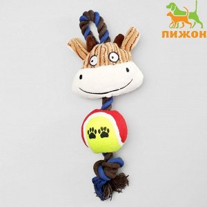 Игрушка для собак 3-в-1 «Корова»: канатная, мягкая с пищалкой, войлочный мяч, 30 см