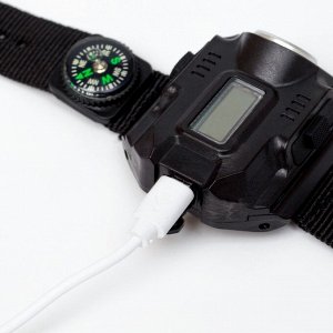 Фонарь-часы аккумуляторный, 3 Вт, 500 мАч, 200 лм, XPE, 6 x 5.2 см, ремешок l-20.5 см