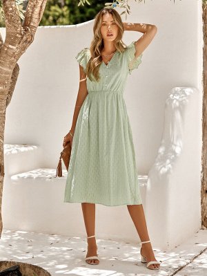 Женское приталенное платье с коротким рукавом, цвет зеленый