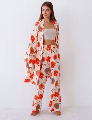 Костюм из кимоно и брюк-палаццо с маками