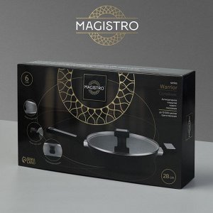 Сковорода Magistro Warrior, d=28 см, h=7.5 см, кованый алюминий, со стеклянной крышкой, ручка soft-touch, антипригарное покрытие, индукция, чёрная