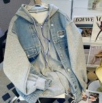 Толстовка с капюшоном на флисе комбинированная с джинсой, серый