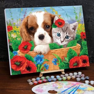 Картина по номерам на холсте с подрамником «Котенок и щенок» 4050 см