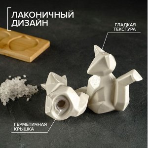 Набор фарфоровый для специй на деревянной подставке BellaTenero «Лисы», 2 предмета: солонка 80 мл, перечница 80 мл, цвет белый