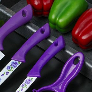 Набор кухонный,4 предмета: 3 ножа с антиналипающим покрытием, лезвие 8,5 см, 12 см, 20 см, овощечистка, цвет фиолетовый