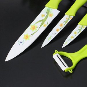 Набор кухонных принадлежностей Доляна, 4 предмета: 3 ножа с антиналипающим покрытием, лезвие 8,5 см, 12 см, 20 см, овощечистка, цвет зелёный