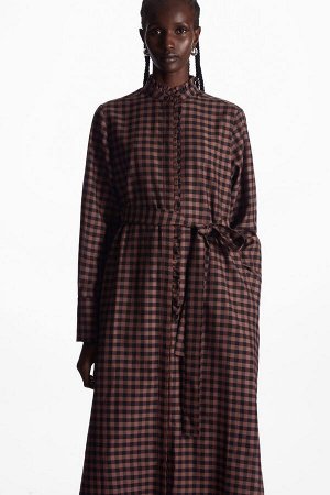 Платье миди-рубашка с поясом и волонами коричневый/черный/шлетка