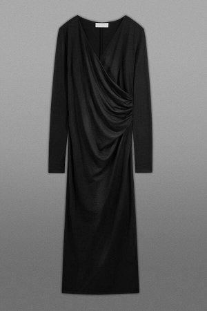 Платье с запахом из шерстяного джерси черное