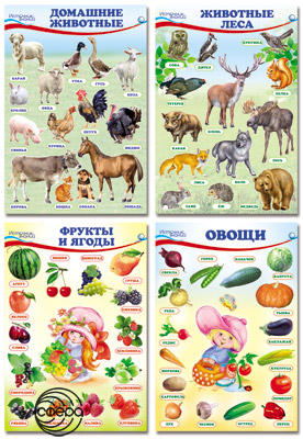 Комплект познавательных мини-плакатов. Домашние, лесные животные, фрукты и ягоды,овощи (4л. А4+текст)