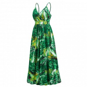 Женский сарафан на бретелях, принт "Тропические листья", цвет зеленый
