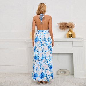 Женское летнее длинное платье с разрезом, с бретелей вокруг шеи, с открытой спиной, принт "Цветы", цвет голубой/белый