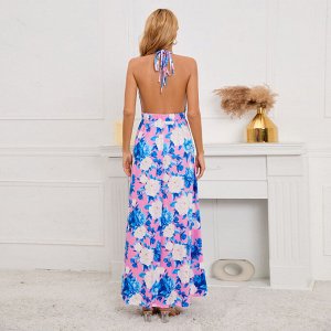 Женское летнее длинное платье с разрезом, с бретелей вокруг шеи, с открытой спиной, принт "Цветы", цвет голубой/белый/розовый