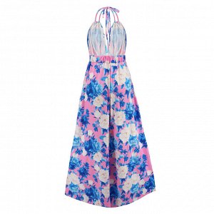 Женское летнее длинное платье с разрезом, с бретелей вокруг шеи, с открытой спиной, принт "Цветы", цвет голубой/белый/розовый