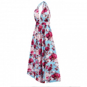 Женское летнее длинное платье с разрезом, с бретелей вокруг шеи, с открытой спиной, принт "Цветы", цвет голубой/розовый