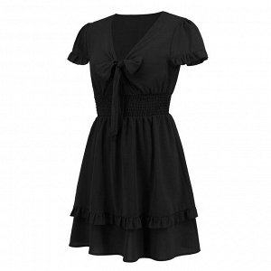Женское летнее короткое приталенное платье, с глубоким вырезом, с короткими рукавами, цвет черный