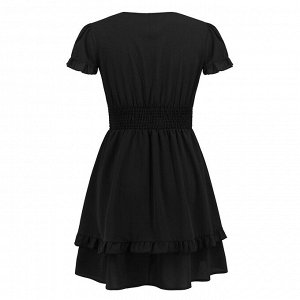 Женское летнее короткое приталенное платье, с глубоким вырезом, с короткими рукавами, цвет черный