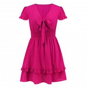 Женское летнее короткое приталенное платье, с глубоким вырезом, с короткими рукавами, цвет розовый