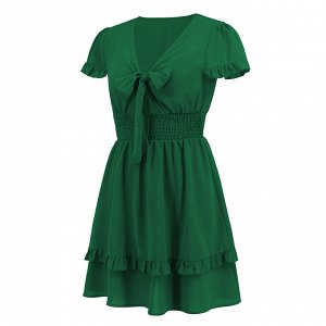 Женское летнее короткое приталенное платье, с глубоким вырезом, с короткими рукавами, цвет зеленый
