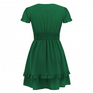 Женское летнее короткое приталенное платье, с глубоким вырезом, с короткими рукавами, цвет зеленый