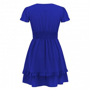 Женское летнее короткое приталенное платье, с глубоким вырезом, с короткими рукавами, цвет синий