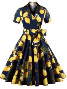 Платье в ретро стиле с короткими рукавами и отложным воротничком Цвет: ТЕМНО-СИНИЙ (ЛИМОНЫ)