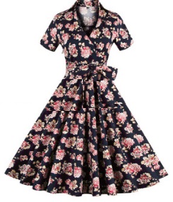 Платье в ретро стиле с короткими рукавами и отложным воротничком Цвет: ТЕМНО-СИНИЙ (ЦВЕТЫ)