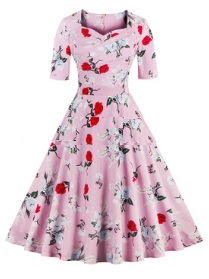 Платье в ретро стиле с цветочным принтом и короткими рукавами Цвет: РОЗОВЫЙ