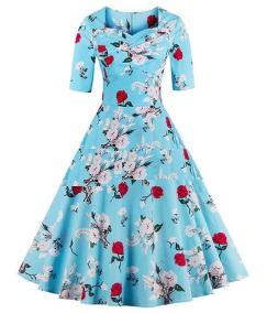Платье в ретро стиле с цветочным принтом и короткими рукавами Цвет: СВЕТЛО-СИНИЙ