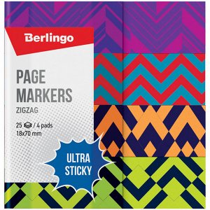 Флажки-закладки Berlingo "Ultra Sticky" "Zigzag", 18*70мм, бумажные, в книжке, с дизайном, 25л*4 бло