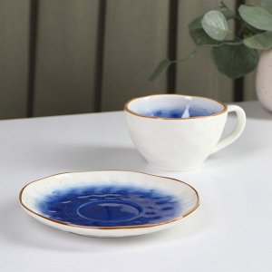 Чайная пара керамическая Доляна «Космос», чашка 250 мл, блюдце d=16 см, цвет синий