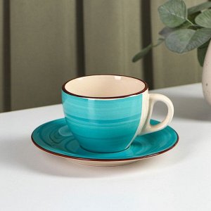 Чайная пара керамическая Доляна «Морской мир», чашка 200 мл, блюдце d=14,5 см, цвет голубой