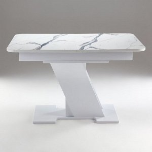 Клик Мебель Стол кухонный на одной ножке раздвижной Олимп, 124(154)х75х76, Белый гл/Белый мрамор пластик