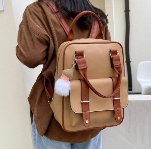 Рюкзак женский, бежевый, с коричневым декором, длина 26см, высота 33см, ширина 11см
