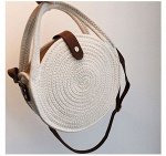 Сумка женская, белая, круглая, плетеная, с кожаным ремешком, длина 25см, высота 25см, ширина 8,5см