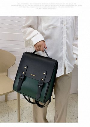 Рюкзак женский, зелёный с черным, с декоративными ремешками, длина 27см, высота 31см, ширина 15см