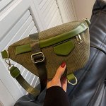 Сумка женская, зелёная, на пояс, текстильная с декором из эко-кожи, длина 29см, высота 17см, ширина 10см