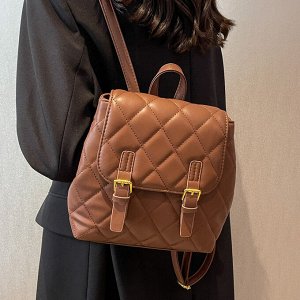 Рюкзак женский, коричневый, стеганый, с накладным клапаном, длина 24см, высота 24см, ширина 10см