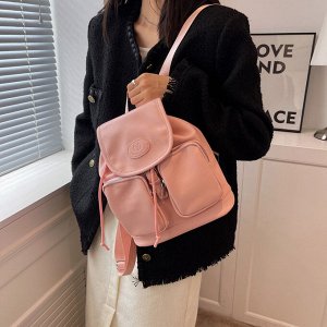 Рюкзак женский, розовый, с дополнительными накладными карманами, длина 24см, высота 27см, ширина 11см