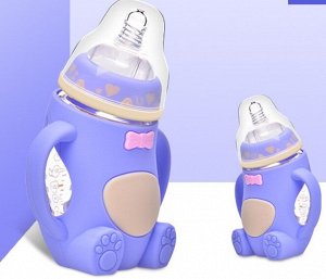 Бутылочка детская для кормления, с силиконовым чехлом в милом дизайне 240мл, цвет синий