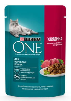 Purina ONE влажный корм для взрослых кошек Говядина+Морковь 75гр пауч