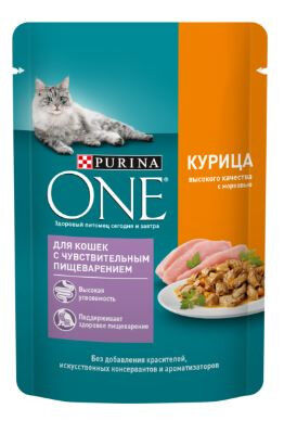 Purina ONE влажный корм для кошек с чувствительным пищеварением Курица+Морковь 75гр пауч