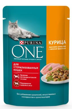 Purina ONE влажный корм для стерилизованных кошек Курица+Зеленая фасоль 75гр пауч