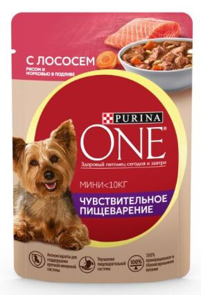 Purina ONE MINI влажный корм для собак мелких пород с чувствительным пищеварением Лосось+Рис+Морковь 85гр пауч